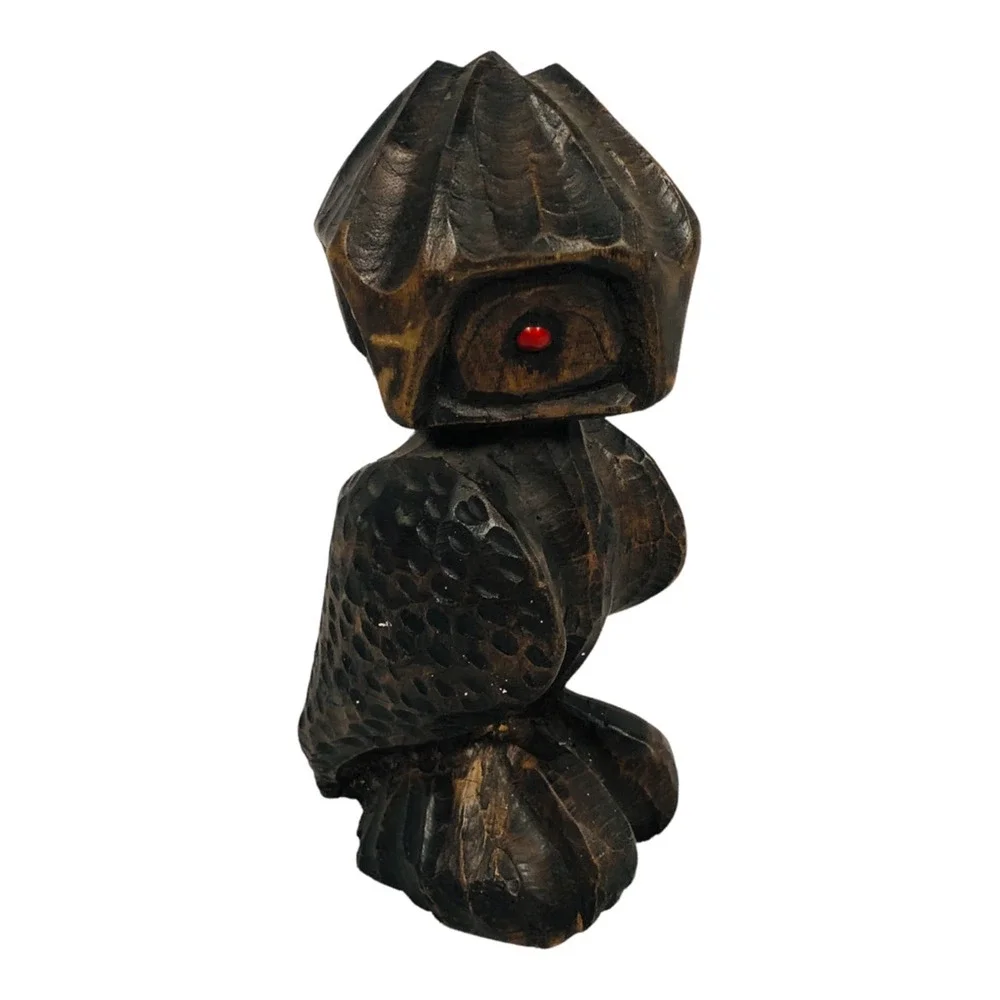 Vintage Norman Campbell Owl Carving Wooden‎ Wood Red Following Eyes 1990 Brown
